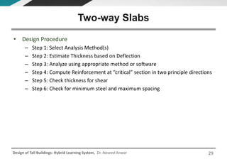 Design of Tall Buildings: Hybrid Learning System, Dr. Naveed Anwar
• Design Procedure
– Step 1: Select Analysis Method(s)
– Step 2: Estimate Thickness based on Deflection
– Step 3: Analyze using appropriate method or software
– Step 4: Compute Reinforcement at “critical” section in two principle directions
– Step 5: Check thickness for shear
– Step 6: Check for minimum steel and maximum spacing
Two-way Slabs
29
 