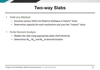 Design of Tall Buildings: Hybrid Learning System, Dr. Naveed Anwar
• Yield Line Method
– Assumes various Yield Line Patterns (Collapse or Failure” lines)
– Determines capacity for each mechanism and uses the “Lowest” value
• Finite Element Analysis
– Models the slab using appropriate plate-shell elements
– Determines Mxx, Myy and Myx at desired location
Two-way Slabs
31
 
