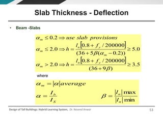 Design of Tall Buildings: Hybrid Learning System, Dr. Naveed Anwar
• Beam -Slabs
Slab Thickness - Deflection
 
  5.3
)936(
200000/8.0
0.2
0.5
))2.0(536(
200000/8.0
0.2
2.0














yn
m
m
yn
m
m
fl
h
fl
h
provisionsslabuse
min
max
n
n
S
b
m
l
l
I
I
average




where
53
 
