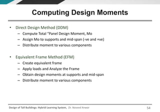 Design of Tall Buildings: Hybrid Learning System, Dr. Naveed Anwar
• Direct Design Method (DDM)
– Compute Total “Panel Design Moment, Mo
– Assign Mo to supports and mid-span (-ve and +ve)
– Distribute moment to various components
• Equivalent Frame Method (EFM)
– Create equivalent frame
– Apply loads and Analyze the Frame
– Obtain design moments at supports and mid-span
– Distribute moment to various components
Computing Design Moments
54
 