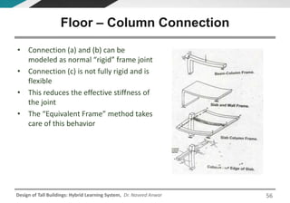 Design of Tall Buildings: Hybrid Learning System, Dr. Naveed Anwar
• Connection (a) and (b) can be
modeled as normal “rigid” frame joint
• Connection (c) is not fully rigid and is
flexible
• This reduces the effective stiffness of
the joint
• The “Equivalent Frame” method takes
care of this behavior
Floor – Column Connection
56
 