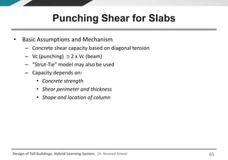 Design of Tall Buildings: Hybrid Learning System, Dr. Naveed Anwar
• Basic Assumptions and Mechanism
– Concrete shear capacity based on diagonal tension
– Vc (punching)  2 x Vc (beam)
– “Strut-Tie” model may also be used
– Capacity depends on:
• Concrete strength
• Shear perimeter and thickness
• Shape and location of column
Punching Shear for Slabs
65
 