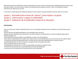 Muchos términos de la solidaridad se repiten, apareciendo una nueva cuestión ¿qué parte de la solidaridad queremos atacar y que
entiende la “gente” de lo que creemos nosotros? Fundamental darle respuesta, ya que el “todo” es imposible de abordar,
empecemos por algún punto concreto.

En esa línea, formados grupos de trabajo de trabajo de menor tamaño, los grupos decidieron afrontar cada uno una línea:

-grupo 1: Orientado hacia el tema de “valores”, como implicar a la gente.
-grupo 2: ¿Cómo activar u apoyar la solidaridad?
-grupo 3: Implicación de la solidaridad a través de la educación.

Conclusiones

-Hay una alta tensión cuando se habla de dinero y crisis, mucha gente entendía el termino solidario con el de dar dinero como
solución.
-No hay conciencia de Solidaridad Afectiva, sino entendida como mercancía.
-Algunas personas indicaban que la educación en los niños, Solidario se entendía como un acto de entrega de algo material;
donativo, postales, ect.
-Cierta desconfianza hacia las ONG y poca fiabilidad, los veían como intermediarios.
-Quien ejerce la solidaridad tiene una dimensión mayor de ella, va mas allá del dinero, es una forma de ser, de compartir afecto.
-Las personas extranjeras preguntadas tenían una mayor idea de cultura de Solidaridad hacia su entorno cercano.
-La solidaridad personal con otros, la directa no se percibe, solo si hay dinero por medio.
-Falta una educación de conocer y actuar.
-La Solidaridad se entiende como un acto de reciprocidad, yo doy pero tú también me das.
-El sentimiento de pertenencia a la comunidad activa las redes de Solidaridad.
-Las personas con más experiencias rituales practican más la solidaridad.
 