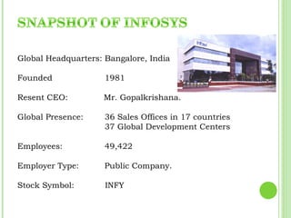 Global Headquarters: Bangalore, India

Founded              1981

Resent CEO:         Mr. Gopalkrishana.

Global Presence:     36 Sales Offices in 17 countries
                     37 Global Development Centers

Employees:           49,422

Employer Type:       Public Company.

Stock Symbol:        INFY
 
