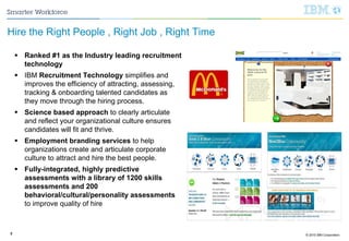 © 2015 IBM Corporation77
 Ranked #1 as the Industry leading recruitment
technology
 IBM Recruitment Technology simplifies and
improves the efficiency of attracting, assessing,
tracking & onboarding talented candidates as
they move through the hiring process.
 Science based approach to clearly articulate
and reflect your organizational culture ensures
candidates will fit and thrive.
 Employment branding services to help
organizations create and articulate corporate
culture to attract and hire the best people.
 Fully-integrated, highly predictive
assessments with a library of 1200 skills
assessments and 200
behavioral/cultural/personality assessments
to improve quality of hire
Hire the Right People , Right Job , Right Time
 