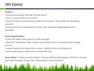 ISFJ (Setia)
Karekter :
• Penuh pertimbangan, hati-hati, teliti dan akurat.
• Serius, tenang, stabil namun sensitif.
• Ramah, perhatian pada perasaan & kebutuhan orang lain, setia, kooperatif, pendengar
yang baik.
• Punya kemampuan mengorganisasi, detail, teliti, sangat bertanggungjawab & bisa
diandalkan.
Saran Pengembangan:
• Lihat lebih dalam, lebih antusias, & lebih semangat.
• Belajarlah mengatakan tidak. Jangan menyenangkan semua orang atau Anda dianggap
plin plan.
• Jangan terjebak zona nyaman dan rutinitas. Cobalah hal baru. Ada banyak hal
menyenangkan yang mungkin belum pernah Anda coba.
Saran Profesi : Architect, Interior Designer, Perawat, Administratif, Designer, Child Care, Konselor,
Back Office Manager, Penjaga Toko / Perpustakaan, Dunia Perhotelan.
 