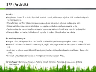 ISFP (Artistik)
Karakter :
• Berpikiran simpel & praktis, fleksibel, sensitif, ramah, tidak menonjolkan diri, rendah hati pada
kemampuannya.
• Menghindari konflik, tidak memaksakan pendapat atau nilai-nilainya pada orang lain.
• Biasanya tidak mau memimpin tetapi menjadi pengikut dan pelaksana yang setia.
• Seringkali santai menyelesaikan sesuatu, karena sangat menikmati apa yang terjadi saat ini.
• Menunjukkan perhatian lebih banyak melalui tindakan dibandingkan kata-kata.
Saran Pengembangan:
• Jangan takut pada penolakan dan konflik. Anda tidak perlu menyenangkan semua orang.
• Cobalah untuk mulai memikirkan dampak jangka panjang dari keputusan-keputusan kecil di hari
ini.
• Asah dan kembangkan sisi kreatifitas dan seni dalam diri Anda sebagai modal bagus dalam diri
Anda.
• Cobalah untuk lebih terbuka dan mengekspresikan perasaan Anda.
Saran Profesi : Seniman, Designer, Pekerja Sosial, Konselor, Psikolog, Guru, Aktor, Bidang
Hospitality
 