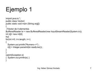 Ejemplo 1 import java.io.*; public class Vector{ public static void main (String arg[]) { //Vector de 4 elementos BufferedReader br = new BufferedReader(new InputStreamReader(System.in));  int n[]= new int[4]; try{ for(int i=0; i<n.length; i++)  { System.out.println("Numero-->") ;  n[i] = Integer.parseInt(br.readLine());  } } catch(Exception e) {  System.out.println(e); } } 
