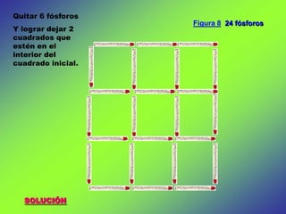 Quitar 6 fósforos
                    Figura 8 24 fósforos
Y lograr dejar 2
cuadrados que
estén en el
interior del
cuadrado inicial.




  SOLUCIÓN
 