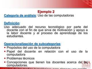 Ejemplo 2
Categoría de análisis: Uso de las computadoras

Definición:
Uso adecuado del recurso tecnológico por parte del
 docente con el fin de que sirva de motivación y apoyo a
 la labor docente y al proceso de aprendizaje de los
 estudiantes.

Operacionalización de subcategorías:
 Propósitos del uso de la computadora
 Papel del docente en relación con el uso de la
  computadora
 Problemas técnicos
 Concepciones que tienen los docentes acerca de las
  computadoras.
 