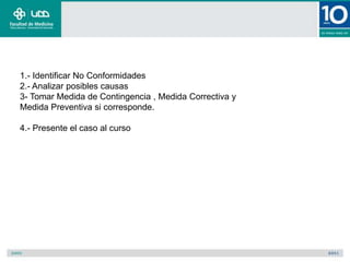 1.- Identificar No Conformidades
2.- Analizar posibles causas
3- Tomar Medida de Contingencia , Medida Correctiva y
Medida Preventiva si corresponde.

4.- Presente el caso al curso
 