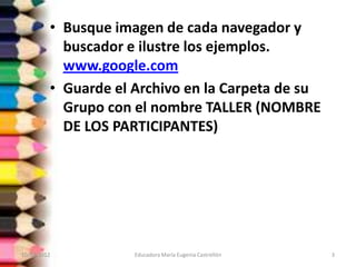 • Busque imagen de cada navegador y
           buscador e ilustre los ejemplos.
           www.google.com
         • Guarde el Archivo en la Carpeta de su
           Grupo con el nombre TALLER (NOMBRE
           DE LOS PARTICIPANTES)




10/02/2012           Educadora María Eugenia Castrellón   3
 