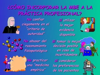 ¿CÓMO INCORPORAR LA MBE A LA
   PRÁCTICA PROFESIONAL?
        No confiar        Sí utilizar
    ciegamente en el       la mejor
       “criterio de       evidencia
        autoridad”        disponible
     No abusar del     Sí tomar la mejor
      razonamiento      decisión posible
     fisiopatológico      en caso de
                         incertidumbre
       No practicar     Sí considerar
       una “medicina   las preferencias
         empírica”     de los pacientes
 