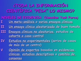 ¿TODA LA INFORMACIÓN
     CIENTÍFICA “PESA” LO MISMO?
NIVELES DE EVIDENCIA (Canadian Task Force)
I  Un meta-análisis o varios ensayos clínicos
II   Un ensayo clínico aleatorizado de buen tamaño
III Ensayos clínicos no aleatorios, estudios de
    cohorte o caso-control
IV   Estudios no experimentales (series de casos
     de más de un centro)
V    Opinión de expertos basadas en evidencias
     clínicas, estudios descriptivos o comités de
     consenso
 