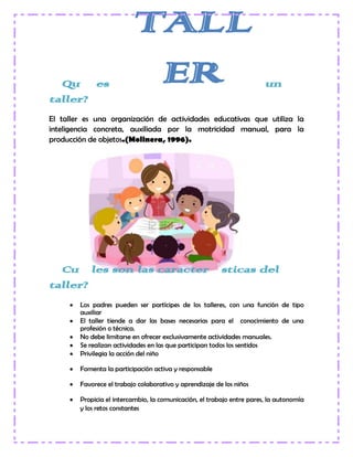 ¿Qué es un
taller?
El taller es una organización de actividades educativas que utiliza la
inteligencia concreta, auxiliada por la motricidad manual, para la
producción de objetos.(Molinera, 1996).
¿Cuáles son las características del
taller?
Los padres pueden ser partícipes de los talleres, con una función de tipo
auxiliar
El taller tiende a dar las bases necesarias para el conocimiento de una
profesión o técnica.
No debe limitarse en ofrecer exclusivamente actividades manuales.
Se realizan actividades en las que participan todos los sentidos
Privilegia la acción del niño
Fomenta la participación activa y responsable
Favorece el trabajo colaborativo y aprendizaje de los niños
Propicia el intercambio, la comunicación, el trabajo entre pares, la autonomía
y los retos constantes
TALL
ER
 