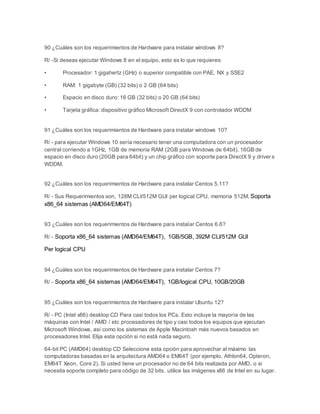 90 ¿Cuáles son los requerimientos de Hardware para instalar windows 8? 
R/ -Si deseas ejecutar Windows 8 en el equipo, esto es lo que requieres: 
• Procesador: 1 gigahertz (GHz) o superior compatible con PAE, NX y SSE2 
• RAM: 1 gigabyte (GB) (32 bits) o 2 GB (64 bits) 
• Espacio en disco duro: 16 GB (32 bits) o 20 GB (64 bits) 
• Tarjeta gráfica: dispositivo gráfico Microsoft DirectX 9 con controlador WDDM 
91 ¿Cuáles son los requerimientos de Hardware para instalar windows 10? 
R/ - para ejecutar Windows 10 sería necesario tener una computadora con un procesador 
central corriendo a 1GHz, 1GB de memoria RAM (2GB para Windows de 64bit), 16GB de 
espacio en disco duro (20GB para 64bit) y un chip gráfico con soporte para DirectX 9 y driver s 
WDDM. 
92 ¿Cuáles son los requerimientos de Hardware para instalar Centos 5.11? 
R/ - Sus Requerimientos son, 128M CLI/512M GUI per logical CPU, memoria 512M, Soporta 
x86_64 sistemas (AMD64/EM64T) 
93 ¿Cuáles son los requerimientos de Hardware para instalar Centos 6.6? 
R/ - Soporta x86_64 sistemas (AMD64/EM64T), 1GB/5GB, 392M CLI/512M GUI 
Per logical CPU 
94 ¿Cuáles son los requerimientos de Hardware para instalar Centos 7? 
R/ - Soporta x86_64 sistemas (AMD64/EM64T), 1GB/logical CPU, 10GB/20GB 
95 ¿Cuáles son los requerimientos de Hardware para instalar Ubuntu 12? 
R/ - PC (Intel x86) desktop CD Para casi todos los PCs. Esto incluye la mayoría de las 
máquinas con Intel / AMD / etc procesadores de tipo y casi todos los equipos que ejecutan 
Microsoft Windows, así como los sistemas de Apple Macintosh más nuevos basados en 
procesadores Intel. Elija esta opción si no está nada seguro. 
64-bit PC (AMD64) desktop CD Seleccione esta opción para aprovechar al máximo las 
computadoras basadas en la arquitectura AMD64 o EM64T (por ejemplo, Athlon64, Opteron, 
EM64T Xeon, Core 2). Si usted tiene un procesador no de 64 bits realizada por AMD, o si 
necesita soporte completo para código de 32 bits, utilice las imágenes x86 de Intel en su lugar. 
 