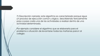 7) Descripción narrada: este algoritmo es caracterizado porque sigue
un proceso de ejecución común y lógico, describiendo textualmente
paso a paso cada una de las actividades a realizar dentro de una
actividad determinada.
Por ejemplo considere el algoritmo que se elaboraría para el
problema o situación de levantarse todas las mañanas para ir al
colegio:
 