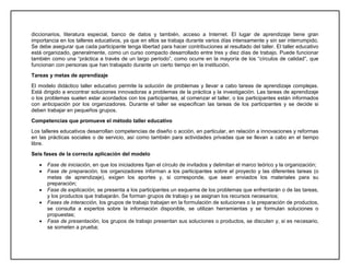 diccionarios, literatura especial, banco de datos y también, acceso a Internet. El lugar de aprendizaje tiene gran
importancia en los talleres educativos, ya que en ellos se trabaja durante varios días intensamente y sin ser interrumpido.
Se debe asegurar que cada participante tenga libertad para hacer contribuciones al resultado del taller. El taller educativo
está organizado, generalmente, como un curso compacto desarrollado entre tres y diez días de trabajo. Puede funcionar
también como una “práctica a través de un largo período”, como ocurre en la mayoría de los “círculos de calidad”, que
funcionan con personas que han trabajado durante un cierto tiempo en la institución.
Tareas y metas de aprendizaje
El modelo didáctico taller educativo permite la solución de problemas y llevar a cabo tareas de aprendizaje complejas.
Está dirigido a encontrar soluciones innovadoras a problemas de la práctica y la investigación. Las tareas de aprendizaje
o los problemas suelen estar acordados con los participantes, al comenzar el taller, o los participantes están informados
con anticipación por los organizadores. Durante el taller se especifican las tareas de los participantes y se decide si
deben trabajar en pequeños grupos.
Competencias que promueve el método taller educativo
Los talleres educativos desarrollan competencias de diseño o acción, en particular, en relación a innovaciones y reformas
en las prácticas sociales o de servicio, así como también para actividades privadas que se llevan a cabo en el tiempo
libre.
Seis fases de la correcta aplicación del modelo
 Fase de iniciación, en que los iniciadores fijan el círculo de invitados y delimitan el marco teórico y la organización;
 Fase de preparación, los organizadores informan a los participantes sobre el proyecto y las diferentes tareas (o
metas de aprendizaje), exigen los aportes y, si corresponde, que sean enviados los materiales para su
preparación;
 Fase de explicación, se presenta a los participantes un esquema de los problemas que enfrentarán o de las tareas,
y los productos que trabajarán. Se forman grupos de trabajo y se asignan los recursos necesarios;
 Fases de interacción, los grupos de trabajo trabajan en la formulación de soluciones o la preparación de productos,
se consulta a expertos sobre la información disponible, se utilizan herramientas y se formulan soluciones o
propuestas;
 Fase de presentación, los grupos de trabajo presentan sus soluciones o productos, se discuten y, si es necesario,
se someten a prueba;
 
