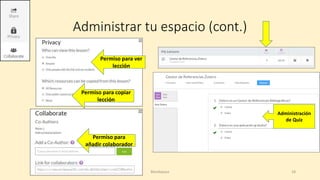 Administrar tu espacio (cont.)
Permiso para ver
lección
Permiso para copiar
lección
Permiso para
añadir colaborador
Blendspace 18
Administración
de Quiz
 