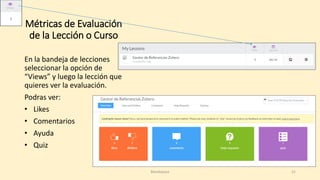 Métricas de Evaluación
de la Lección o Curso
En la bandeja de lecciones
seleccionar la opción de
“Views” y luego la lección que
quieres ver la evaluación.
Podras ver:
• Likes
• Comentarios
• Ayuda
• Quiz
Blendspace 21
 