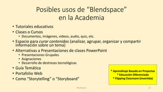 Posibles usos de “Blendspace”
en la Academia
• Tutoriales educativos
• Clases o Cursos
• Documentos, imágenes, videos, audio, quiz, etc.
• Espacio para curar contenidos (analizar, agrupar, organizar y compartir
información sobre un tema)
• Alternativas a Presentaciones de clases PowerPoint
• Presentaciones Grupales
• Asignaciones
• Desarrollo de destrezas tecnológicas
• Guía Temática
• Portafolio Web
• Como “Storytelling” o “Storyboard”
* Aprendizaje Basado en Proyectos
* Educación Diferenciada
* Flipping Classroom (invertida)
Blendspace 22
 