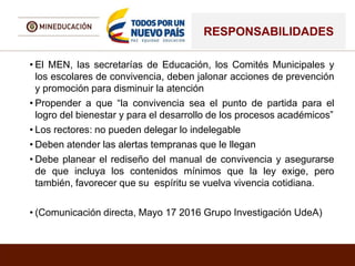 RESPONSABILIDADES
• El MEN, las secretarías de Educación, los Comités Municipales y
los escolares de convivencia, deben jalonar acciones de prevención
y promoción para disminuir la atención
• Propender a que “la convivencia sea el punto de partida para el
logro del bienestar y para el desarrollo de los procesos académicos”
• Los rectores: no pueden delegar lo indelegable
• Deben atender las alertas tempranas que le llegan
• Debe planear el rediseño del manual de convivencia y asegurarse
de que incluya los contenidos mínimos que la ley exige, pero
también, favorecer que su espíritu se vuelva vivencia cotidiana.
• (Comunicación directa, Mayo 17 2016 Grupo Investigación UdeA)
 