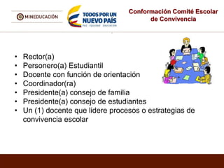 Conformación Comité Escolar
de Convivencia
.
• Rector(a)
• Personero(a) Estudiantil
• Docente con función de orientación
• Coordinador(ra)
• Presidente(a) consejo de familia
• Presidente(a) consejo de estudiantes
• Un (1) docente que lidere procesos o estrategias de
convivencia escolar
 