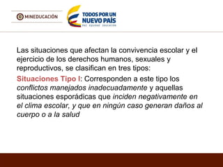 Las situaciones que afectan la convivencia escolar y el
ejercicio de los derechos humanos, sexuales y
reproductivos, se clasifican en tres tipos:
Situaciones Tipo l: Corresponden a este tipo los
conflictos manejados inadecuadamente y aquellas
situaciones esporádicas que inciden negativamente en
el clima escolar, y que en ningún caso generan daños al
cuerpo o a la salud
 