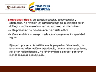 Situaciones Tipo II: de agresión escolar, acoso escolar y
ciberacoso. No revisten las características de la comisión de un
delito y cumplan con al menos una de estas características:
• a. Se presentan de manera repetida o sistemática.
• b. Causan daños al cuerpo o a la salud sin generar incapacidad
alguna.
Ejemplo, por ser más débiles o más pequeños físicamente, por
tener menos información o experiencia, por ser menos populares,
por estar recién llegado y no tener amigas o amigos, por tener
menos recursos económicos.
 