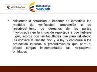 • Adelantar la actuación e imponer de inmediato las
medidas de verificación, prevención o de
restablecimiento de derechos de las partes
involucradas en la situación reportada a que hubiere
lugar, acorde con las facultades que para tal efecto
les confiera la Constitución y la ley, y conforme a los
protocolos internos o procedimientos que para el
efecto tengan implementados las respectivas
entidades
 