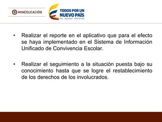 • Realizar el reporte en el aplicativo que para el efecto
se haya implementado en el Sistema de Información
Unificado de Convivencia Escolar.
• Realizar el seguimiento a la situación puesta bajo su
conocimiento hasta que se logre el restablecimiento
de los derechos de los involucrados.
 