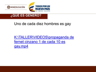 ¿QUÉ ES GÉNERO?
Uno de cada diez hombres es gay
K:TALLERVIDEOSpropaganda de
fernet cinzano 1 de cada 10 es
gay.mp4
 