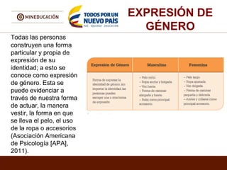 Todas las personas
construyen una forma
particular y propia de
expresión de su
identidad; a esto se
conoce como expresión
de género. Esta se
puede evidenciar a
través de nuestra forma
de actuar, la manera
vestir, la forma en que
se lleva el pelo, el uso
de la ropa o accesorios
(Asociación Americana
de Psicología [APA],
2011).
EXPRESIÓN DE
GÉNERO
 