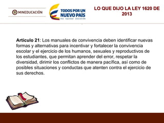 LO QUE DIJO LA LEY 1620 DE
2013
.
Artículo 21: Los manuales de convivencia deben identificar nuevas
formas y alternativas para incentivar y fortalecer la convivencia
escolar y el ejercicio de los humanos, sexuales y reproductivos de
los estudiantes, que permitan aprender del error, respetar la
diversidad, dirimir los conflictos de manera pacífica, así como de
posibles situaciones y conductas que atenten contra el ejercicio de
sus derechos.
 