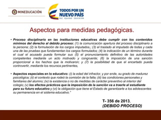 Aspectos para medidas pedagógicas.
• Proceso disciplinario en las instituciones educativas debe cumplir con los contenidos
mínimos del derecho al debido proceso: (1) la comunicación apertura del proceso disciplinario a
la persona; (2) la formulación de los cargos imputados,; (3) el traslado al imputado de todas y cada
una de las pruebas que fundamentan los cargos formulados; (4) la indicación de un término durante
el cual el acusado pueda formular sus (5) el pronunciamiento definitivo de las autoridades
competentes mediante un acto motivado y congruente; (6) la imposición de una sanción
proporcional a los hechos que la motivaron; y (7) la posibilidad de que el encartado pueda
controvertir, mediante los recursos pertinentes,
• Aspectos especiales en lo educativo: (i) la edad del infractor, y por ende, su grado de madurez
psicológica; (ii) el contexto que rodeó la comisión de la falta; (iii) las condiciones personales y
familiares del alumno; (iv) la existencia o no de medidas de carácter preventivo al interior del
colegio; (v) los efectos prácticos que la imposición de la sanción va a traerle al estudiante
para su futuro educativo y (vi) la obligación que tiene el Estado de garantizarle a los adolescentes
su permanencia en el sistema educativo.”
T- 356 de 2013,
(DEBIDO PROCESO)
 