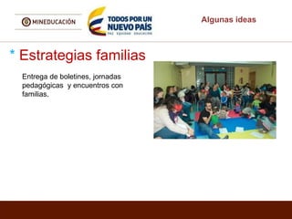 Algunas ideas
* Estrategias familias
Entrega de boletines, jornadas
pedagógicas y encuentros con
familias.
 