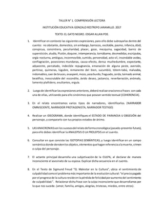 TALLER N° 1. COMPRENSIÓN LECTORA
INSTITUCIÓN EDUCATIVA GONZALO RESTREPO JARAMILLO. 2017
TEXTO: EL GATO NEGRO. EDGAR ALLAN POE.
1. Identificar en contexto las siguientes expresiones, para ello debe subrayarlas dentro del
cuento: no obstante, domestico, sin embargo, barrocos, excitable,pasmo, infancia,dócil,
conspicua, consintiera, peculiaridad, placer, goce, mezquina, sagacidad, barniz de
superstición, aludía, Plutón,doquier, intemperancia, tornábame, desmedidas,escrúpulos,
orgía nocturna, ambiguo, inconmovible, sumido, perversidad, acto vil, insondable avidez,
conflagración, posesiones mundanas, causa-efecto, densa muchedumbre, expectante,
adyacente, percatado, indecible repugnancia, emanación de alguna peste, aversión,
pertinaz, quimeras, lúgubre, remanente del bien, sucumbió, tótem-tabú, malvados,
indomables,caerde bruces,exasperé,mozo,yesoburdo,fraguado,cerda,taimadoanimal,
beatífico, inescrutable del escondite, ávido deseo, jactancia, reverberación, anómalo,
lamento plañidero, exultantes, erguía.
2. Luegode identificarlasexpresionesanteriores,deberárealizaroracionesofrases concada
una de ellas, utilizando para ello sinónimos que posean sentido textual (COHERENCIA).
3. En el relato encontramos varios tipos de narradores, identificarlos. (NARRADOR
OMNISCIENTE, NARRADOR PROTAGONISTA, NARRADOR TESTIGO)
4. Realizar un IDEOGRAMA, donde identifiques el ESTADO DE PARANOIA U OBSESIÓN del
personaje, y compararlo con tus propios estados de ánimo.
5. LASANACRONIASsonlos sucesosdelrelatodeformacronológica(pasado-presente-futuro),
para ello debes identificar la ANALEPSIS O LA PROLEPSIS en el cuento.
6. Consultar en que consiste las ISOTOPIAS SEMÁNTICAS, y luego identificar en un campo
semánticodonde denotenlosobjetos,elementosquehaganreferenciaalamuerte,crimen
o culpa del personaje.
7. El actante principal desarrolla una subjetivación de la CULPA, al declarar de manera
inconsciente el asesinato de su esposa. Explicar dicha secuencia en el cuento.
8. En el Texto de Sigmund Freud "EL Malestar en la Cultura", ubica el sentimiento de
culpabilidadcomoel problemamásimportante de la evolucióncultural:“el preciopagado
por el progresode la cultura reside enlapérdidade felicidadporaumentodel sentimiento
de culpabilidad.”. Relacionar dicha frase con la culpa inconsciente que desarrollamos por
lo que nos sucede. (amor, familia, amigos, alegrías, tristezas, miedos, entre otros).
 