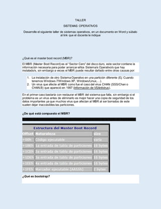 TALLER
SISTEMAS OPERATIVOS
Desarrolle el siguiente taller de sistemas operativos, en un documento en Word y súbalo
al link que el docente le indique
¿Qué es el master boot record (MBR)?
El MBR (Master Boot Record) es el “Sector Cero” del disco duro, este sector contiene la
información necesaria para poder arrancar el/los Sistema/s Operativo/s que hay
instalado/s, sin embargo a veces el MBR puede resultar dañado entre otras causas por:
1. La instalación de otro Sistema Operativo en una partición diferente (Ej: Cuando
tenemos Windows 7/Windows XP, Windows/Linux,…).
2. Un virus que afecte al MBR como fue el caso del virus CHAN (SSS/Chan o
CHAN.B) que apareció en 1997 (Información de VSAntivirus).
En el primer caso bastaría con restaurar el MBR del sistema que falla, sin embargo si el
problema es un virus antes de eliminarlo es mejor hacer una copia de seguridad de los
datos importantes ya que muchos virus que afectan al MBR al ser borrados de este
suelen dejar inaccesibles las particiones.
¿De qué está compuesto el MBR?
El MBR está compuesto por código ejecutable y las entradas de la Tabla de Particiones.
¿Qué es bootstrap?
 