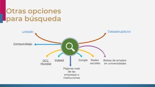 Otras opciones
para búsqueda
OCC
Mundial
Computrabajo
Indeed Google
Páginas web
de las
empresas o
instituciones
Redes
sociales
Bolsas de empleo
en universidades
LinkedIn Trabajaen.gob.mx
 