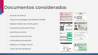 Documentos considerados
• Acta de nacimiento
• Clave Única de Registro de Población (CURP)
• Registro Federal de Contribuyente
• Constancia de Situación Fiscal
• Identificación oficial
• Comprobante de domicilio
• Comprobante de estudios
• Registro en el Seguro Social
• Cartas de recomendación
 