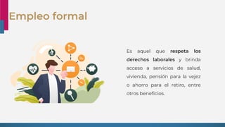 Empleo formal
Es aquel que respeta los
derechos laborales y brinda
acceso a servicios de salud,
vivienda, pensión para la vejez
o ahorro para el retiro, entre
otros beneficios.
 