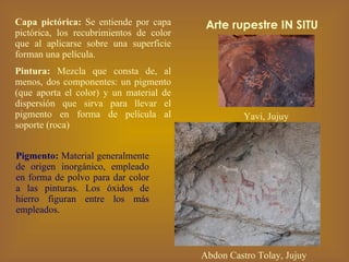 Capa pictórica:  Se entiende por capa pictórica, los recubrimientos de color que al aplicarse sobre una superficie forman una película. Pintura:   Mezcla que consta de, al menos,  dos  componentes:  un pigmento  (que aporta el color)  y un material de dispersión que sirva para llevar el pigmento en forma de película al soporte  (roca) Pigmento:  Material generalmente de origen inorgánico, empleado en forma de polvo para dar color a las pinturas. Los óxidos de hierro figuran entre los más empleados. Arte rupestre IN SITU Abdon Castro Tolay, Jujuy Yavi, Jujuy 