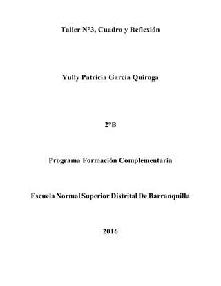 Taller N°3, Cuadro y Reflexión
Yully Patricia García Quiroga
2°B
Programa Formación Complementaria
Escuela Normal Superior Distrital De Barranquilla
2016
 