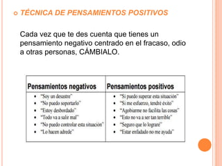  TÉCNICA DE PENSAMIENTOS POSITIVOS
Cada vez que te des cuenta que tienes un
pensamiento negativo centrado en el fracaso, odio
a otras personas, CÁMBIALO.
 
