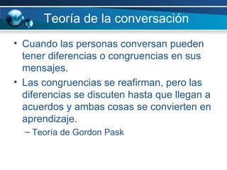 Teoría de la conversación Cuando las personas conversan pueden tener diferencias o congruencias en sus mensajes.  Las congruencias se reafirman, pero las diferencias se discuten hasta que llegan a acuerdos y ambas cosas se convierten en aprendizaje.  Teoría de Gordon Pask 