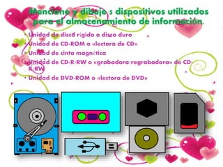 Mencione y dibuje 5 dispositivos utilizados
para el almacenamiento de información.
• Unidad de disco rígido o disco duro
• Unidad de CD-ROM o «lectora de CD»
• Unidad de cinta magnética
• Unidad de CD-R/RW o «grabadora/regrabadora» de CD-
R/RW
• Unidad de DVD-ROM o «lectora de DVD»
 