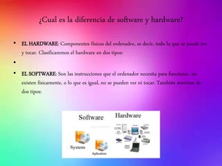 ¿Cual es la diferencia de software y hardware?
• EL HARDWARE: Componentes físicos del ordenador, es decir, todo lo que se puede ver
y tocar. Clasificaremos el hardware en dos tipos:
•
• EL SOFTWARE: Son las instrucciones que el ordenador necesita para funcionar, no
existen físicamente, o lo que es igual, no se pueden ver ni tocar. También tenemos de
dos tipos:
 