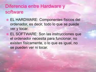 Diferencia entre Hardware y
software
 EL HARDWARE: Componentes físicos del
ordenador, es decir, todo lo que se puede
ver y tocar.
 EL SOFTWARE: Son las instrucciones que
el ordenador necesita para funcionar, no
existen físicamente, o lo que es igual, no
se pueden ver ni tocar.
 