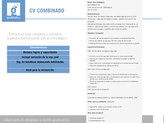 - Estructura mas completa y combina
aspectos del funcional con el cronológico.
CV COMBINADO
- Ideal para el reingreso y recién graduados.
Características

Destaca logros y capacidades

Incluye narración de la exp. prof

Org. En temáticas destacando habilidades

Ideal para la reinserción.
 