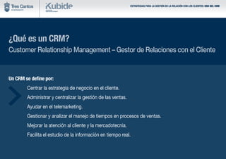 ESTRATEGIAS PARA LA GESTIÓN DE LA RELACIÓN CON LOS CLIENTES: USO DEL CRM
¿Qué es un CRM?
Customer Relationship Management – Gestor de Relaciones con el Cliente
Un CRM se define por:
	 Centrar la estrategia de negocio en el cliente.
	 Administrar y centralizar la gestión de las ventas.
	 Ayudar en el telemarketing.
	 Gestionar y analizar el manejo de tiempos en procesos de ventas.
	 Mejorar la atención al cliente y la mercadotecnia.
	 Facilita el estudio de la información en tiempo real.
 